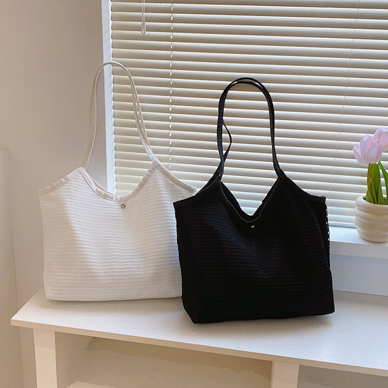 Women Mesh Tote Bag Solid Color Designer Ladies Casual Handbag Shoulder Bag Large Capacity Reusable Shopping Beach Bag